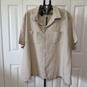 Cafe Luna Shirt Mens 3XL Beige Camp Linen Cotton Short Sleeve Button Up Casual